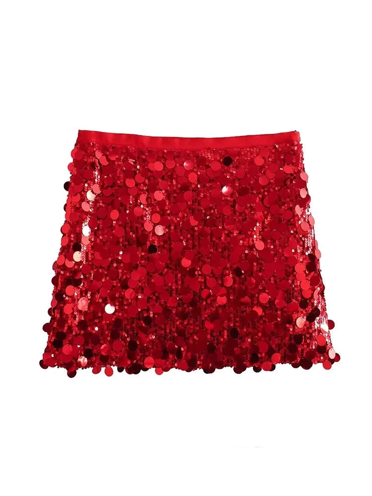 Red Sequined Mini Party Skirts - Chic & Elegant Evening Clubwear for Y2K Girls - Shiny & Fashionable for 2024