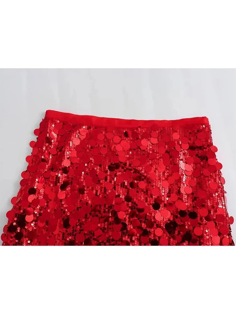 Red Sequined Mini Party Skirts - Chic & Elegant Evening Clubwear for Y2K Girls - Shiny & Fashionable for 2024