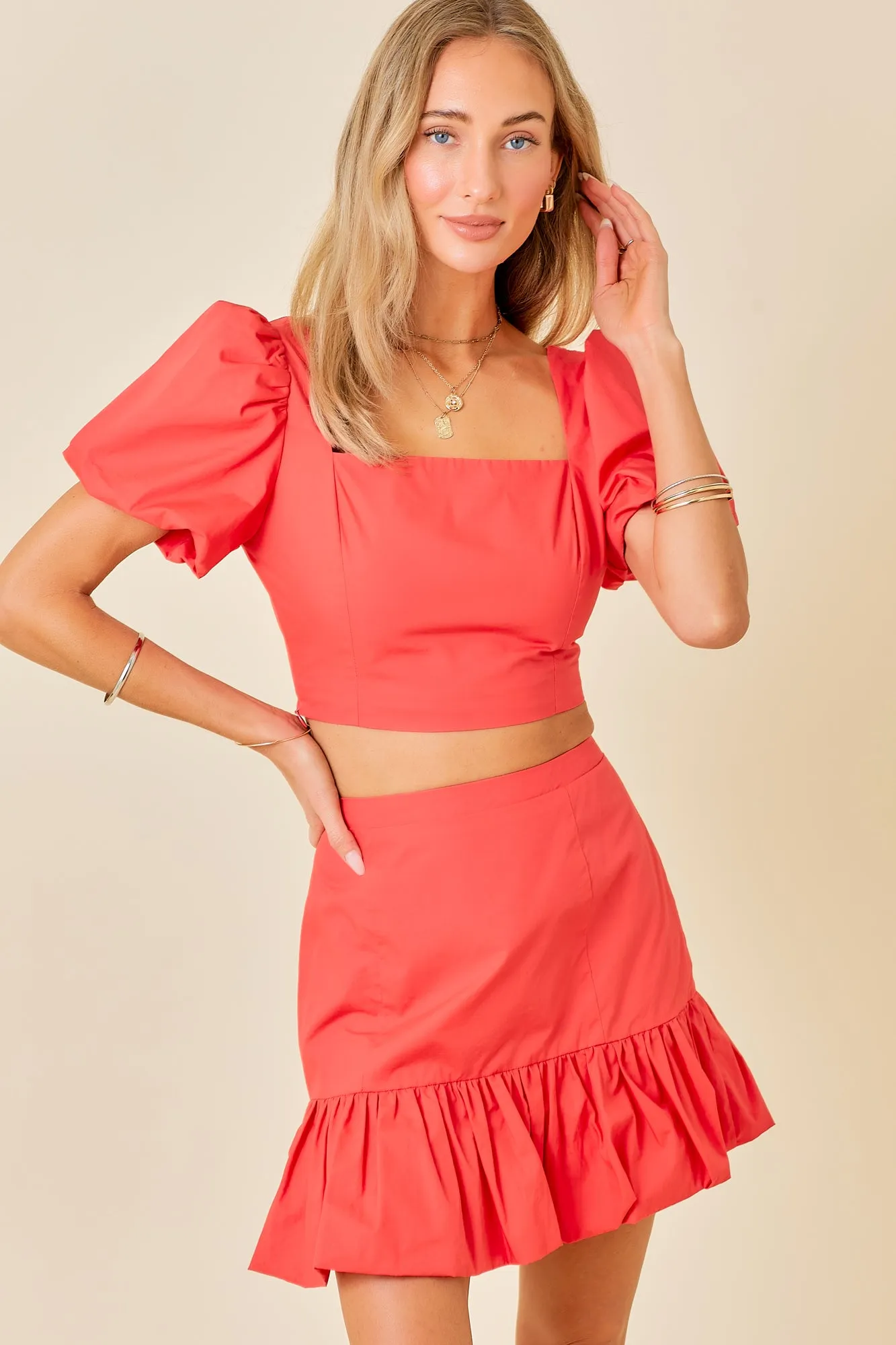 Ruffle Puff Sleeve Crop Top Mini Skirt Set