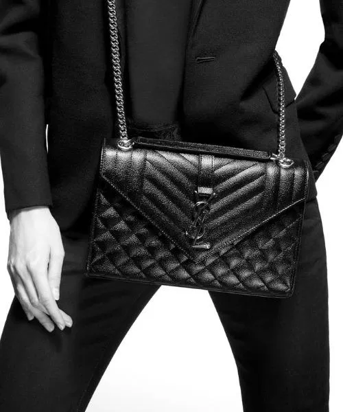 Saint Laurent Envelope Medium Bag Mix Matelassé Grain De Poudre Embossed leather Black Gold-Toned