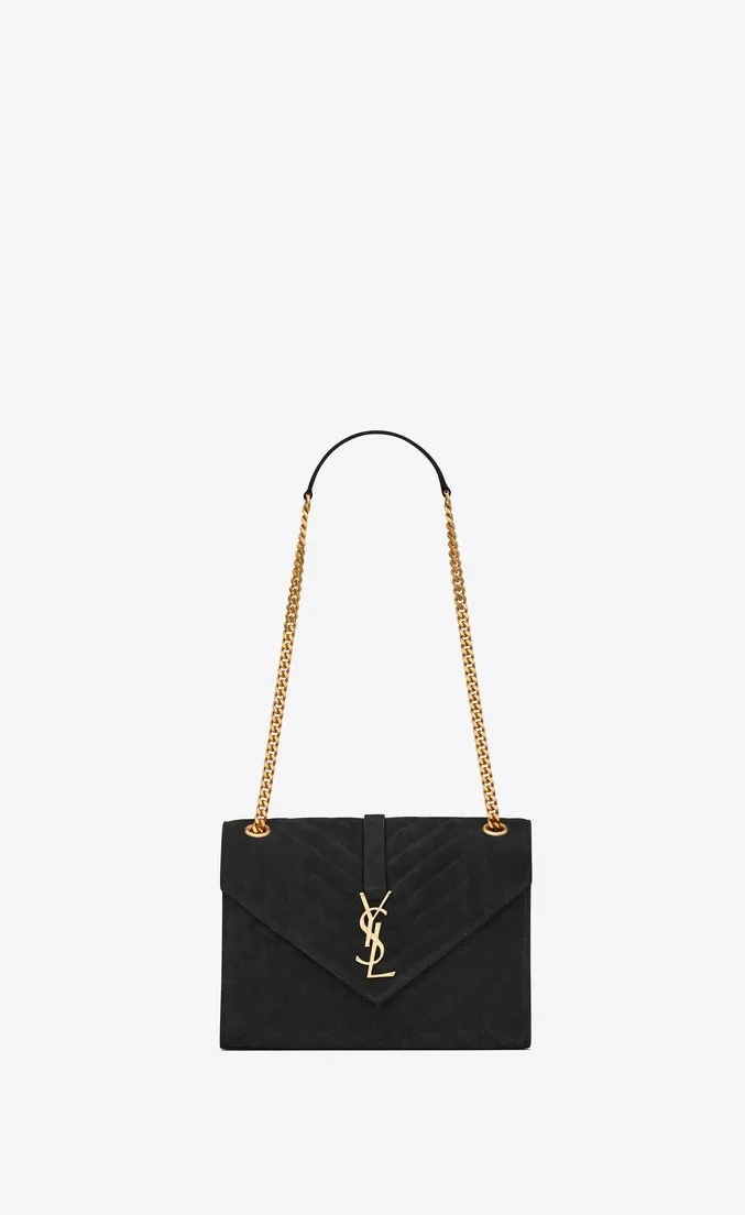 Saint Laurent Envelope Medium Bag Mix Matelassé Grain De Poudre Embossed leather Black Gold-Toned