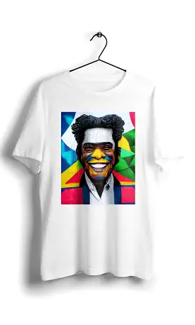 Smiley James Brown in Street Style by Eduardo Kobra - White Basic T-shirt with Digital Graphics