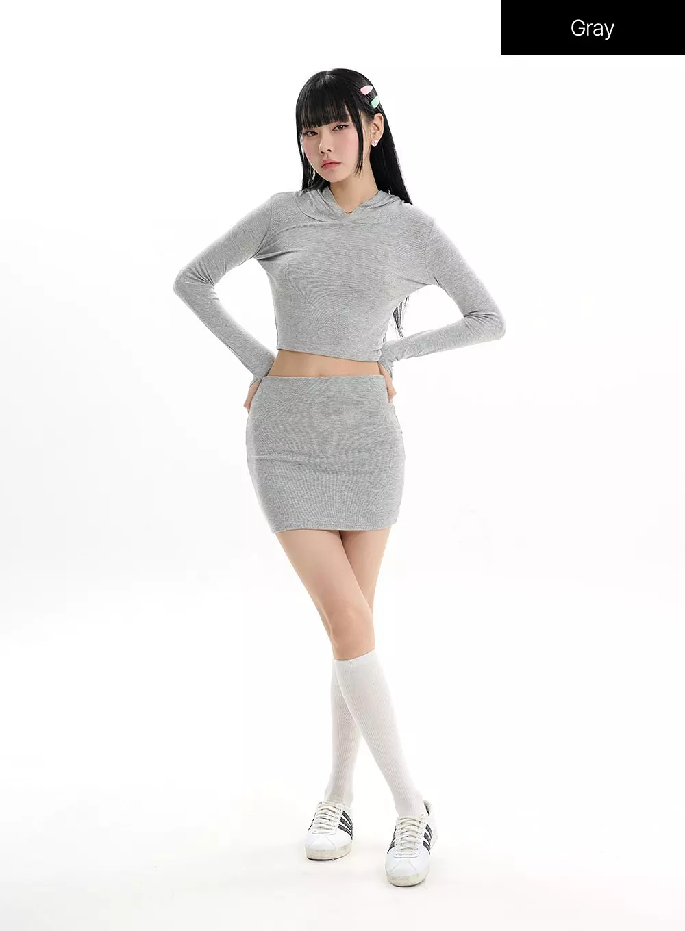 Solid Long Sleeve Hoodie & Mini Skirt Set