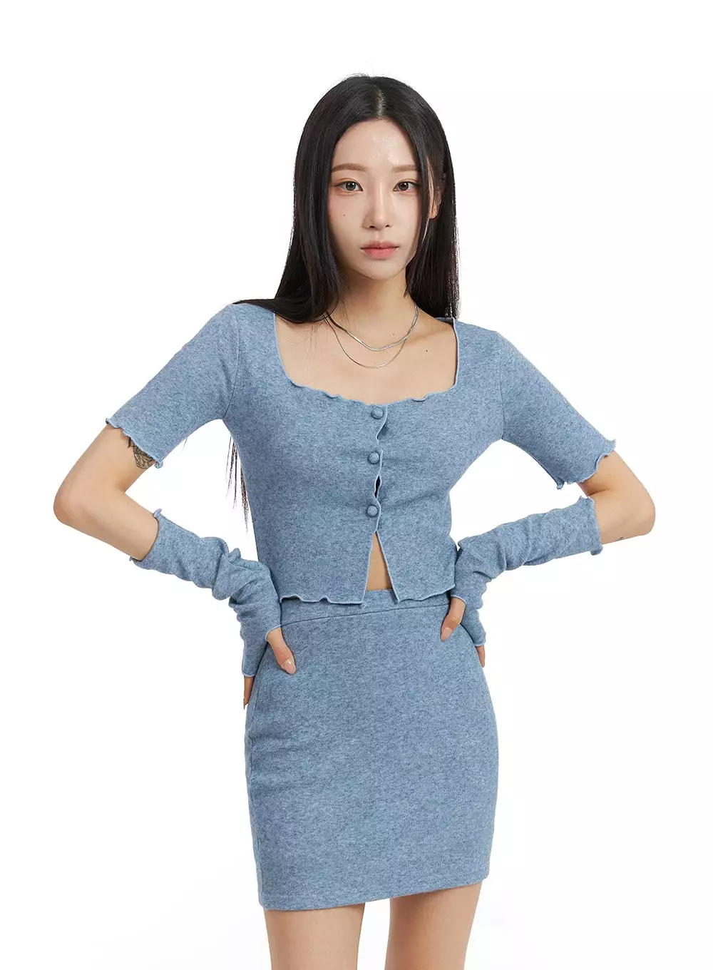 Square Neck Crop Top and Hand Warmer Skirt Set - CJ408