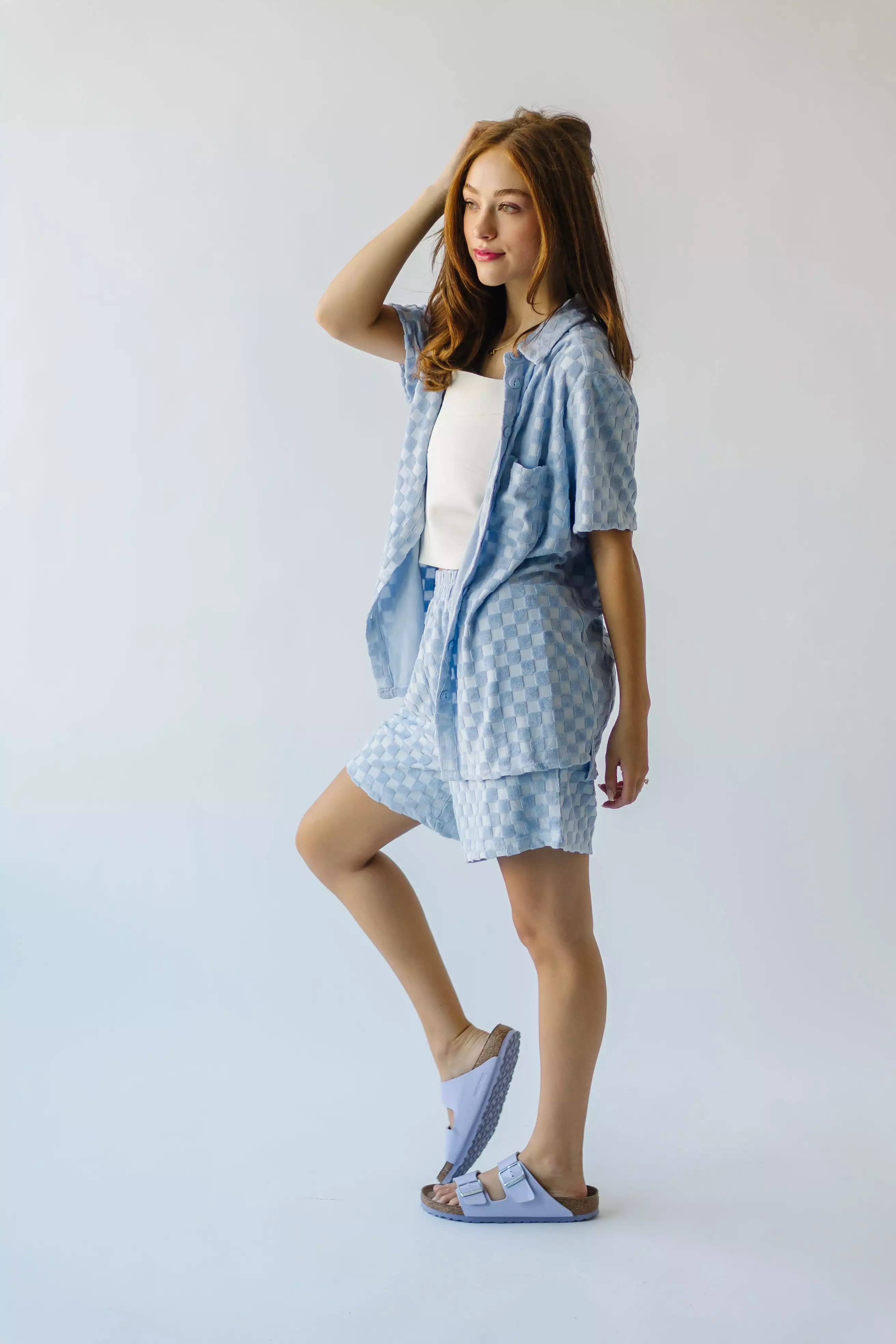 Textured Knit Shorts Blue Check Chipley