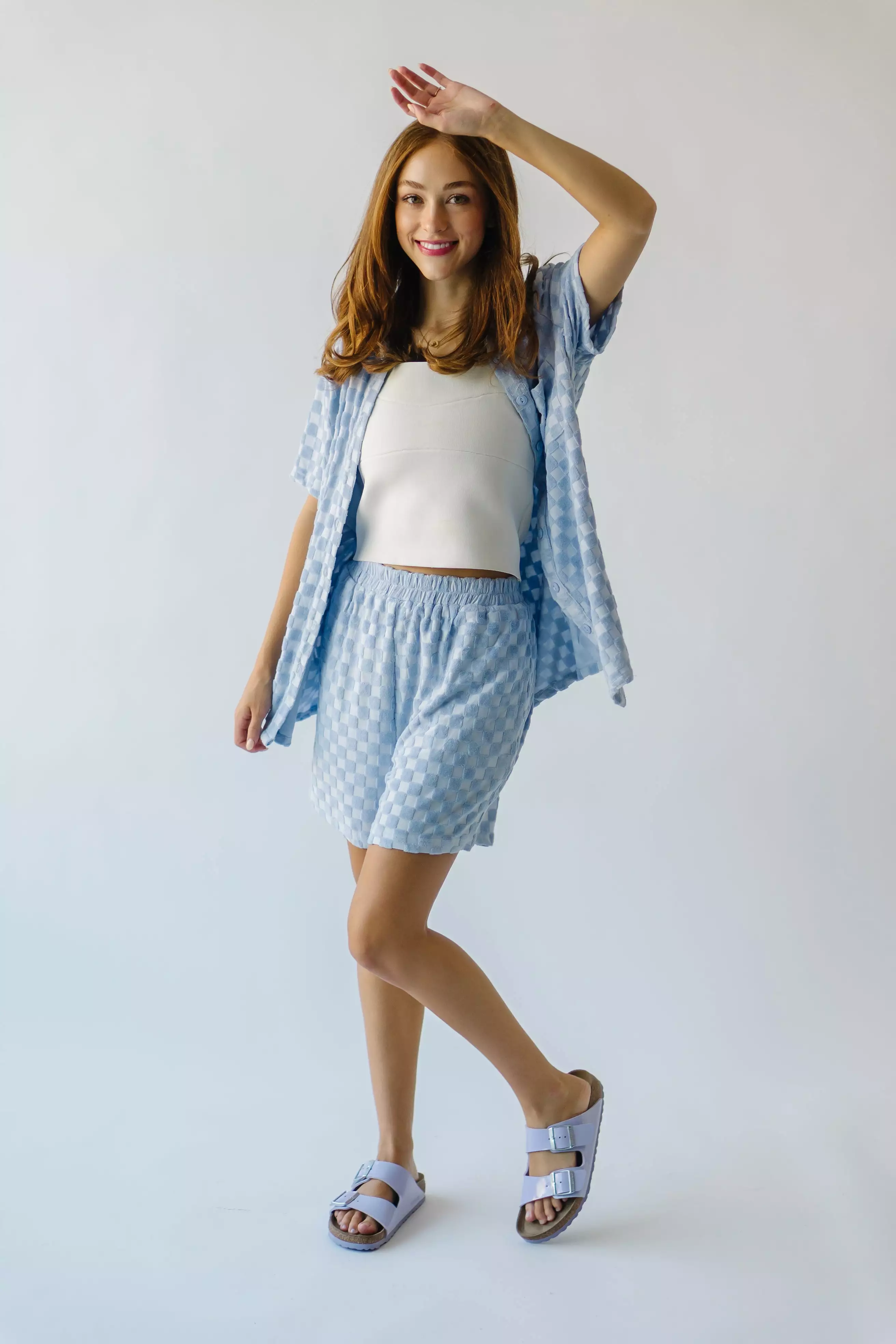 Textured Knit Shorts Blue Check Chipley