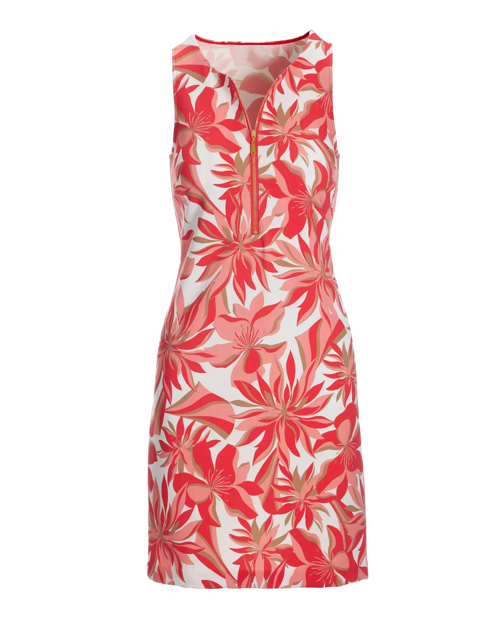 Travel Paradise Blooms Print Zipper Short Dress in Pink Paradise and Light Camel.