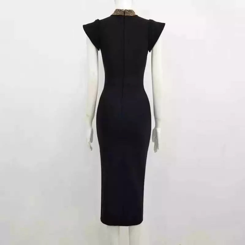 Turtleneck Midi Dress - Split - Black - Bodycon