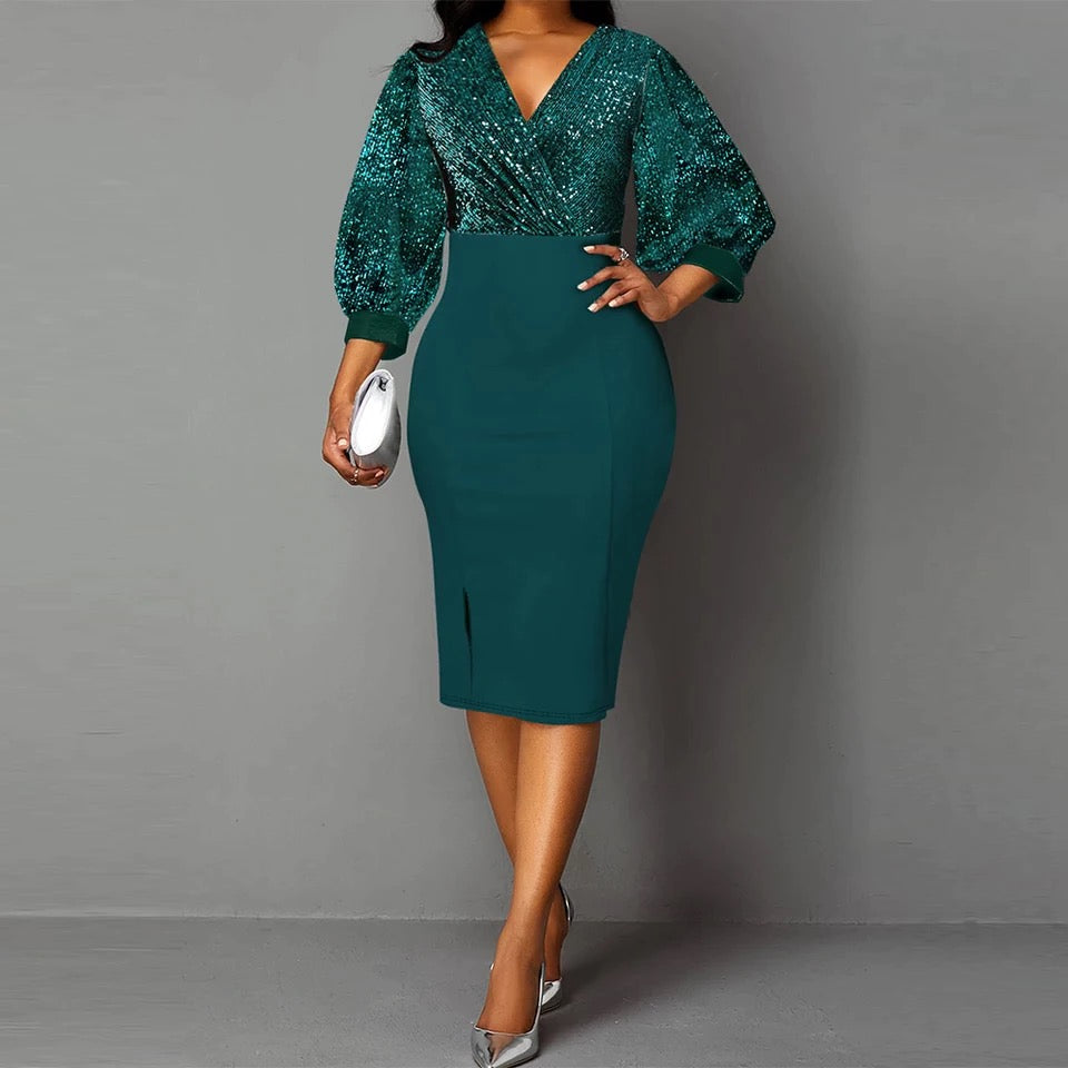 V-neck Puff Sleeve Slit Party Dress