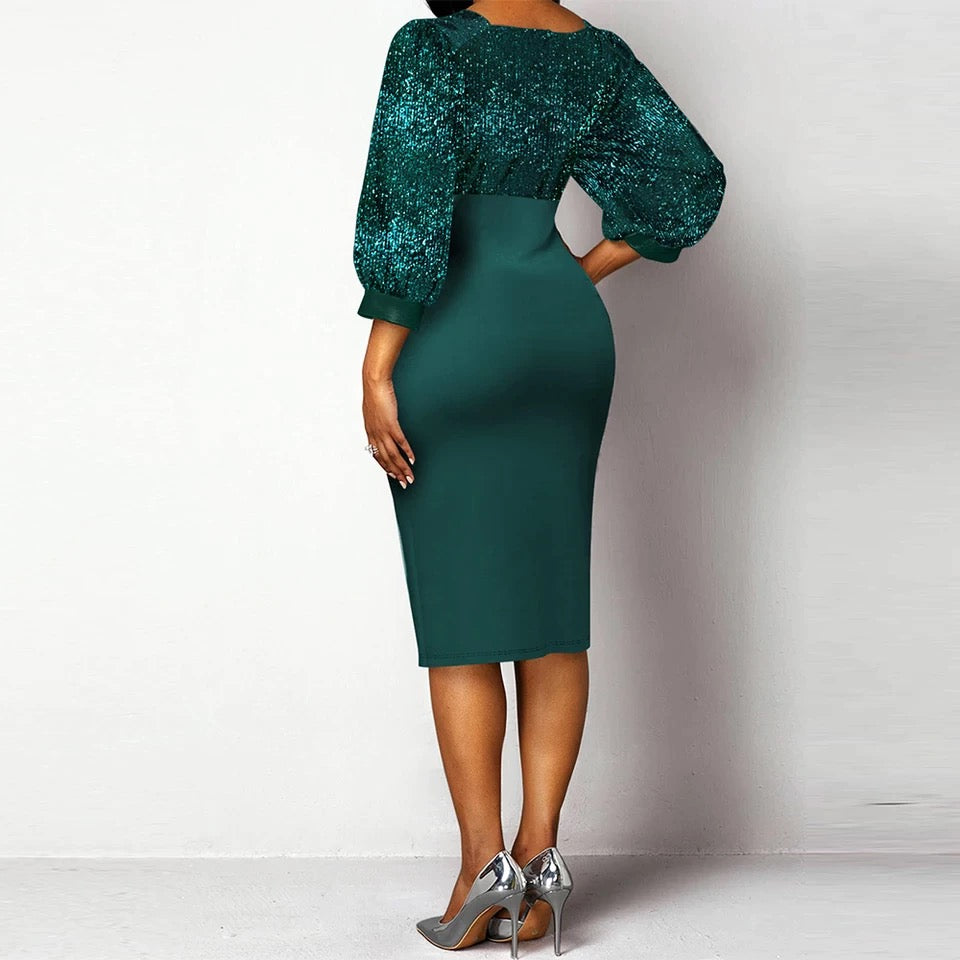 V-neck Puff Sleeve Slit Party Dress