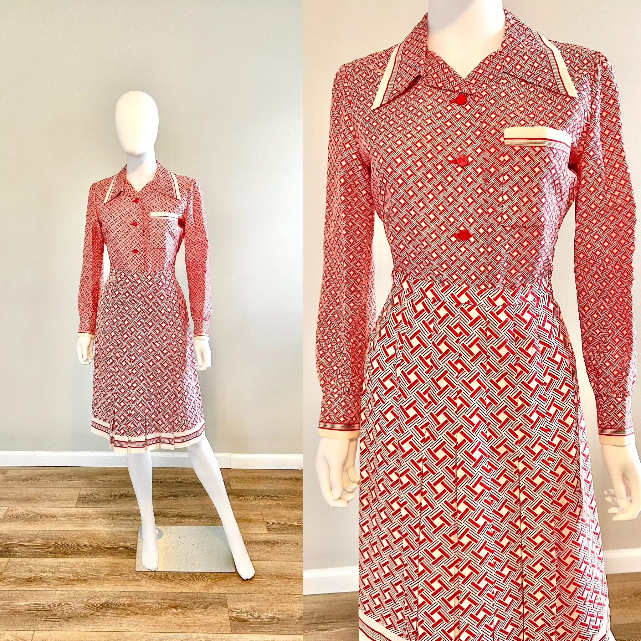 Vintage 1970s Nina Ricci Red Geometric Skirt and Blouse Set / 70s Couture / Size S - Best Price & Quality