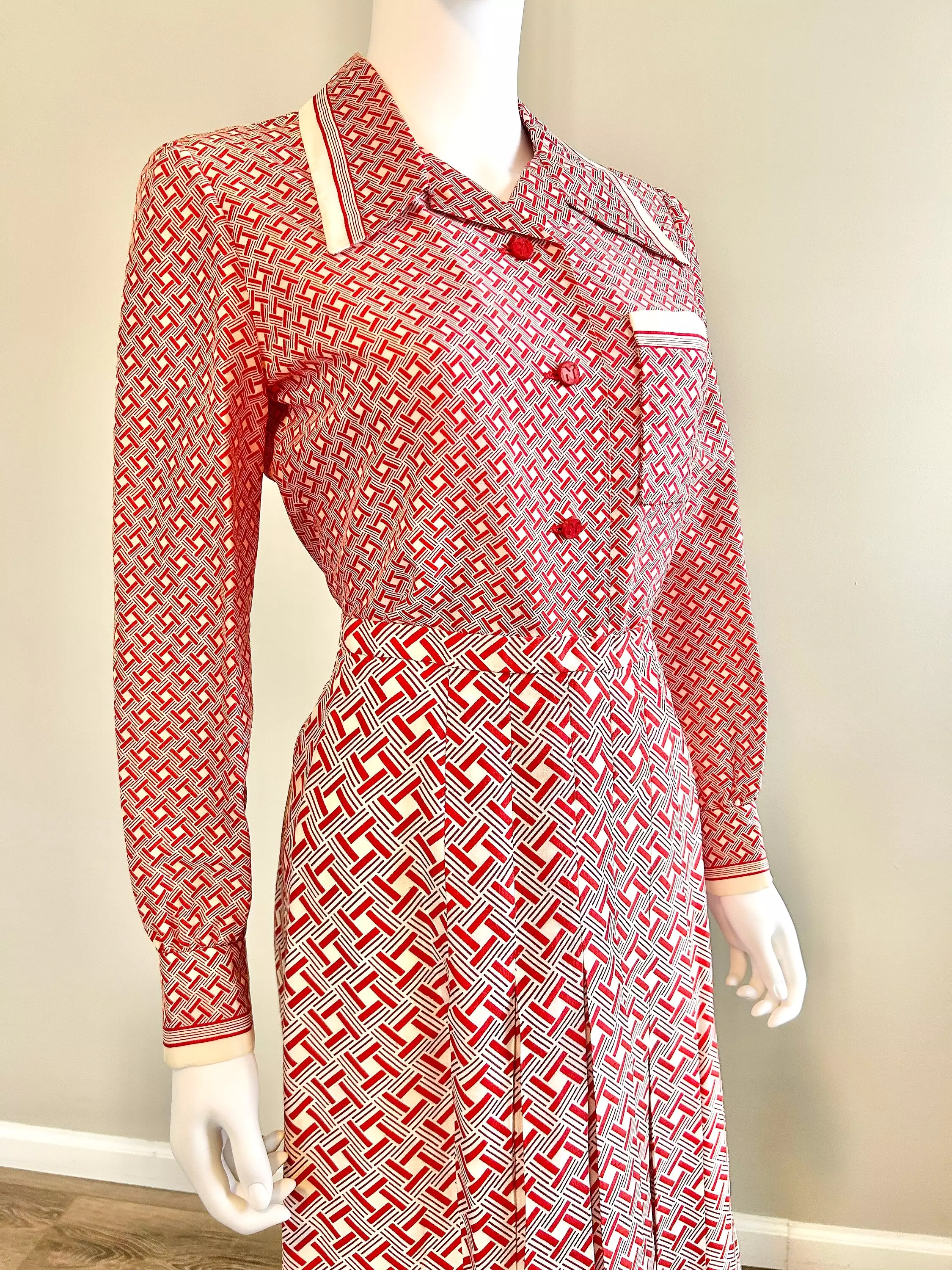 Vintage 1970s Nina Ricci Red Geometric Skirt and Blouse Set / 70s Couture / Size S - Best Price & Quality