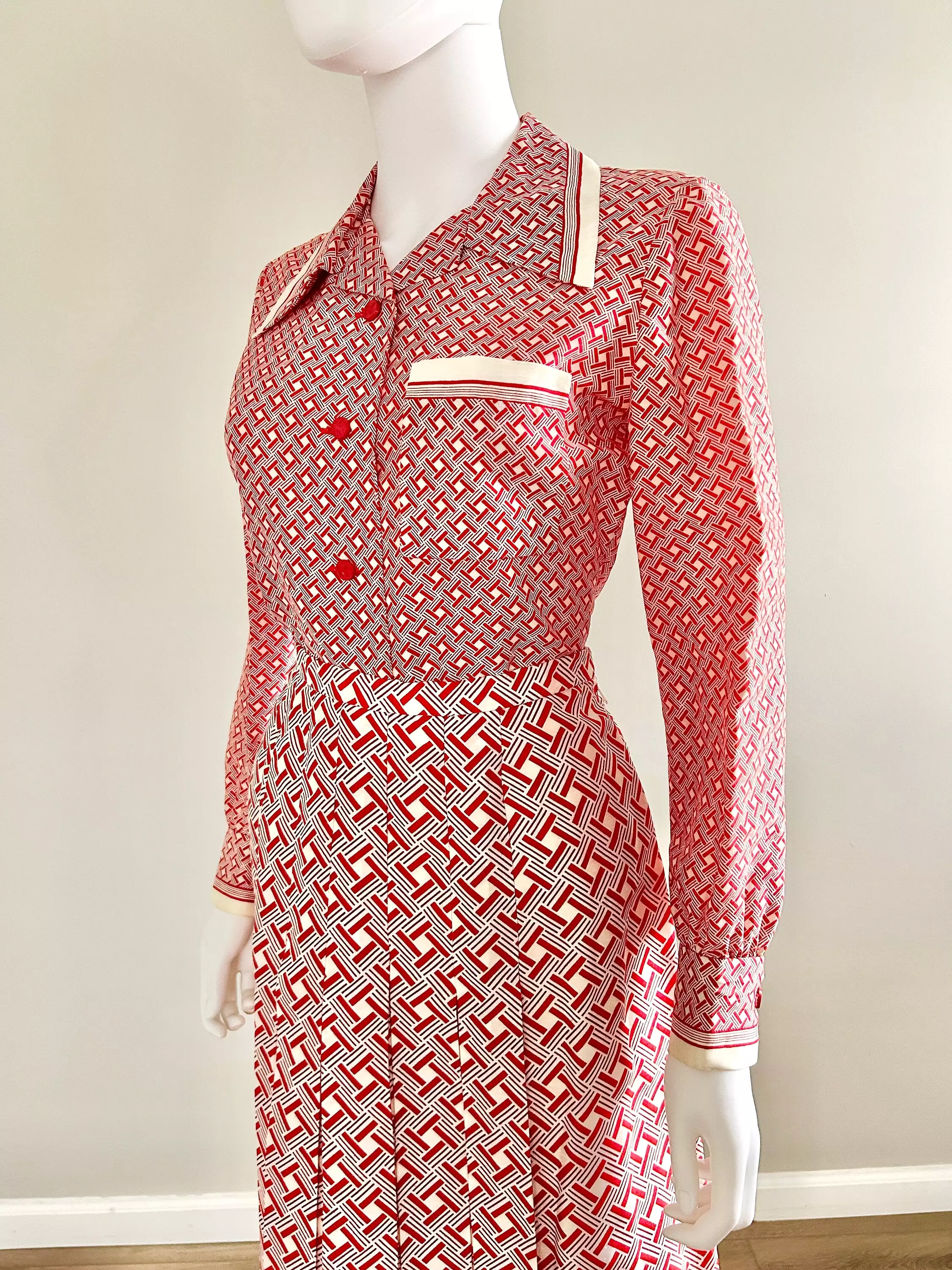 Vintage 1970s Nina Ricci Red Geometric Skirt and Blouse Set / 70s Couture / Size S - Best Price & Quality