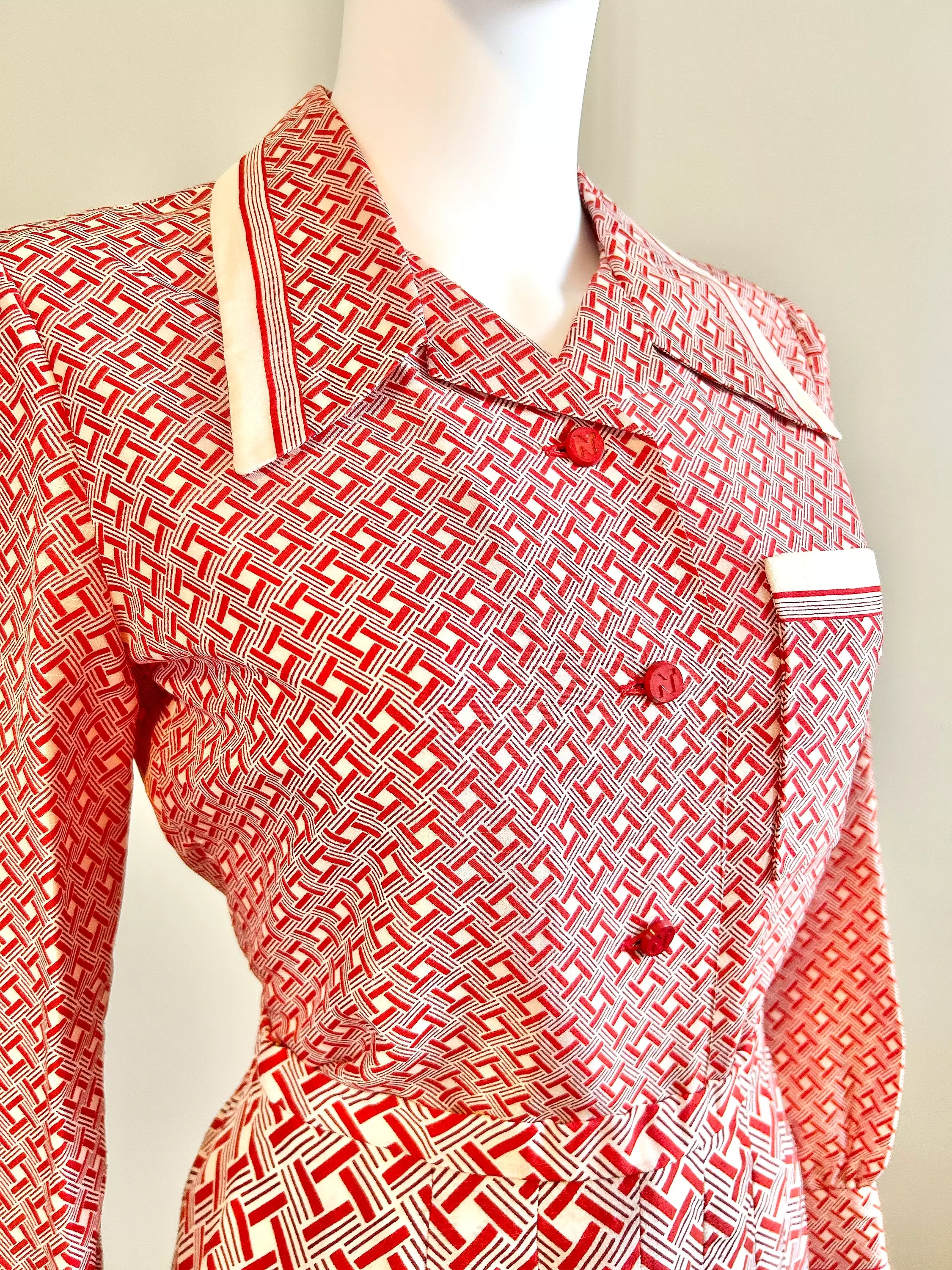 Vintage 1970s Nina Ricci Red Geometric Skirt and Blouse Set / 70s Couture / Size S - Best Price & Quality