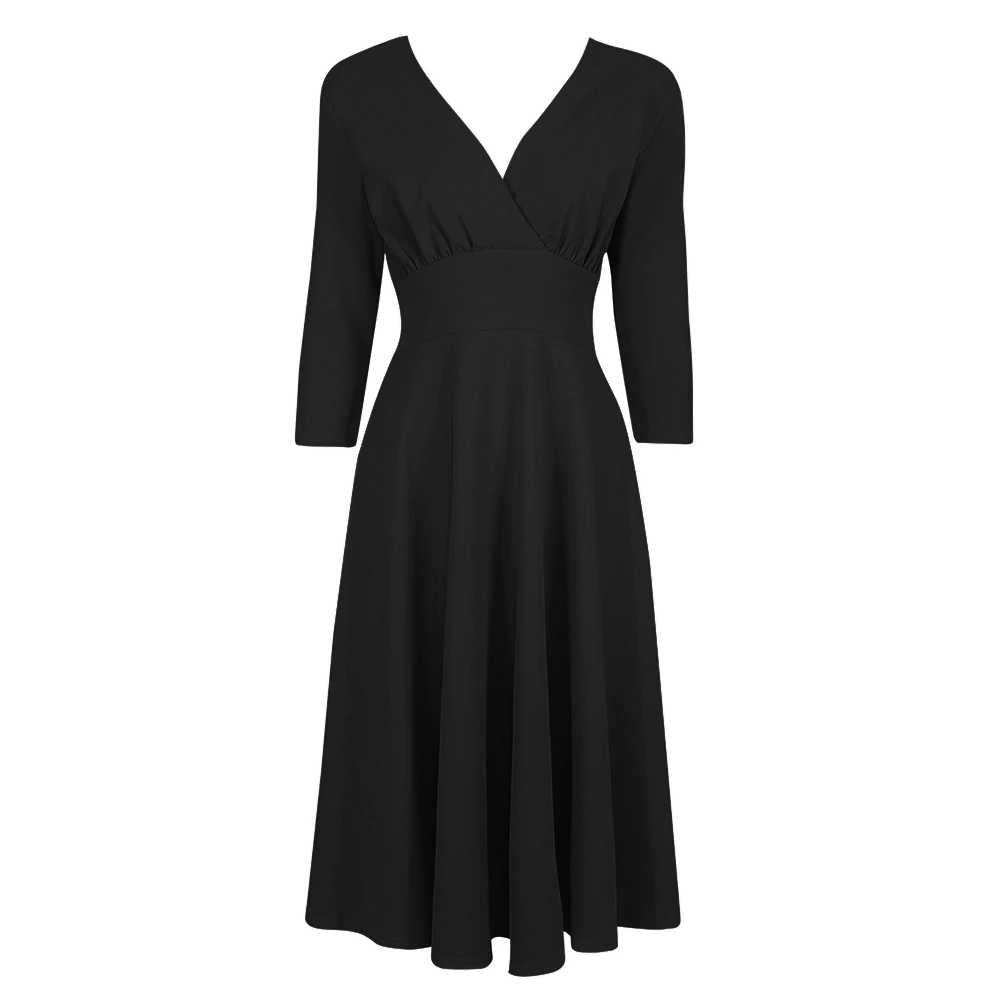 Vintage Black A Line Crossover 3/4 Sleeve Tea Swing Dress