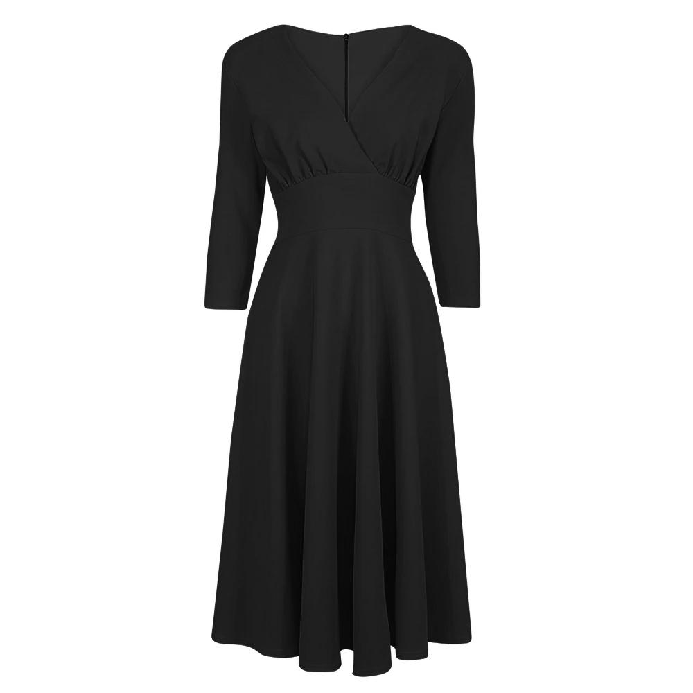 Vintage Black A Line Crossover 3/4 Sleeve Tea Swing Dress