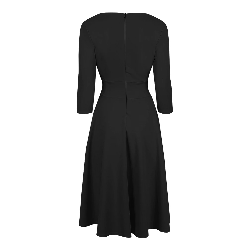 Vintage Black A Line Crossover 3/4 Sleeve Tea Swing Dress