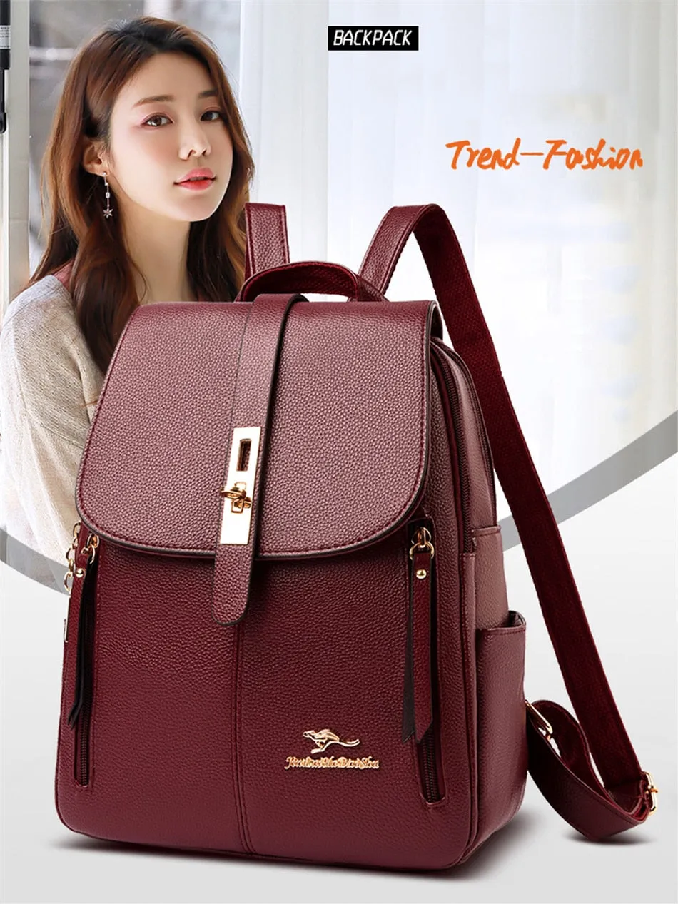 Vintage Leather Travel Backpack with Multiple Pockets for Women's Fashion