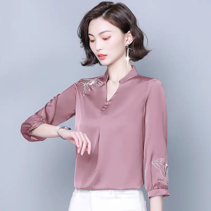 Vintage V-Neck 3/4 Sleeve Satin Shirts for Women - Elegant Embroidered Blouses Office Lady Loose Tops