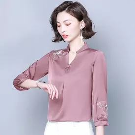 Vintage V-Neck 3/4 Sleeve Satin Shirts for Women - Elegant Embroidered Blouses Office Lady Loose Tops