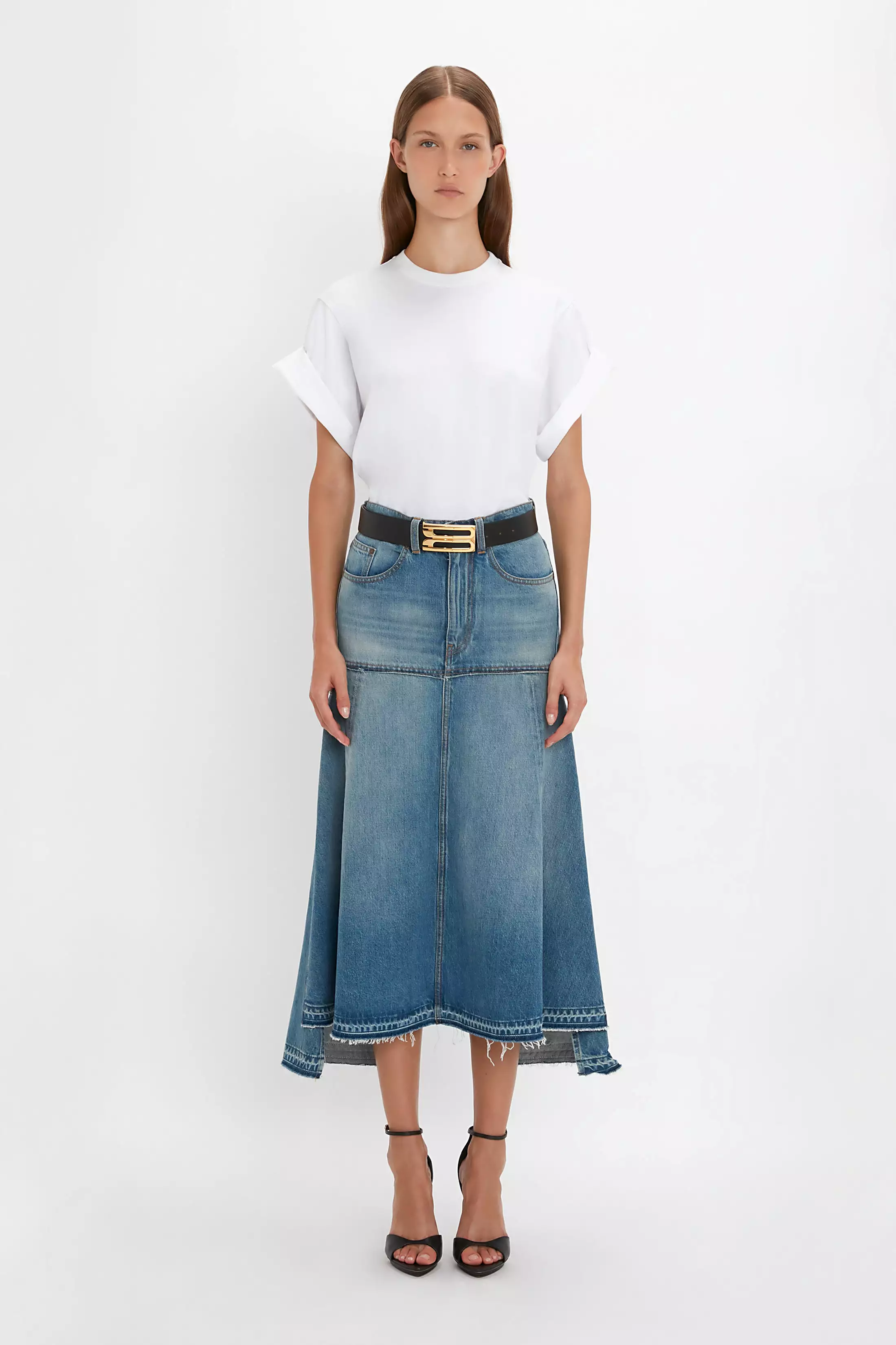 Vintage Wash Patched Denim Skirt