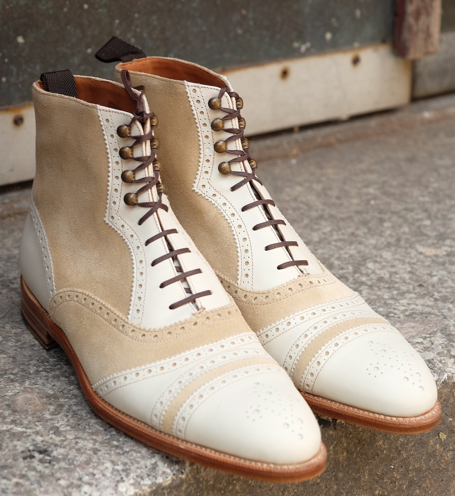 Whitman MTO Crust Calf Light Cream Suede NGT last Single Leather Sole Fleur De Lys Medallion - Buy Now