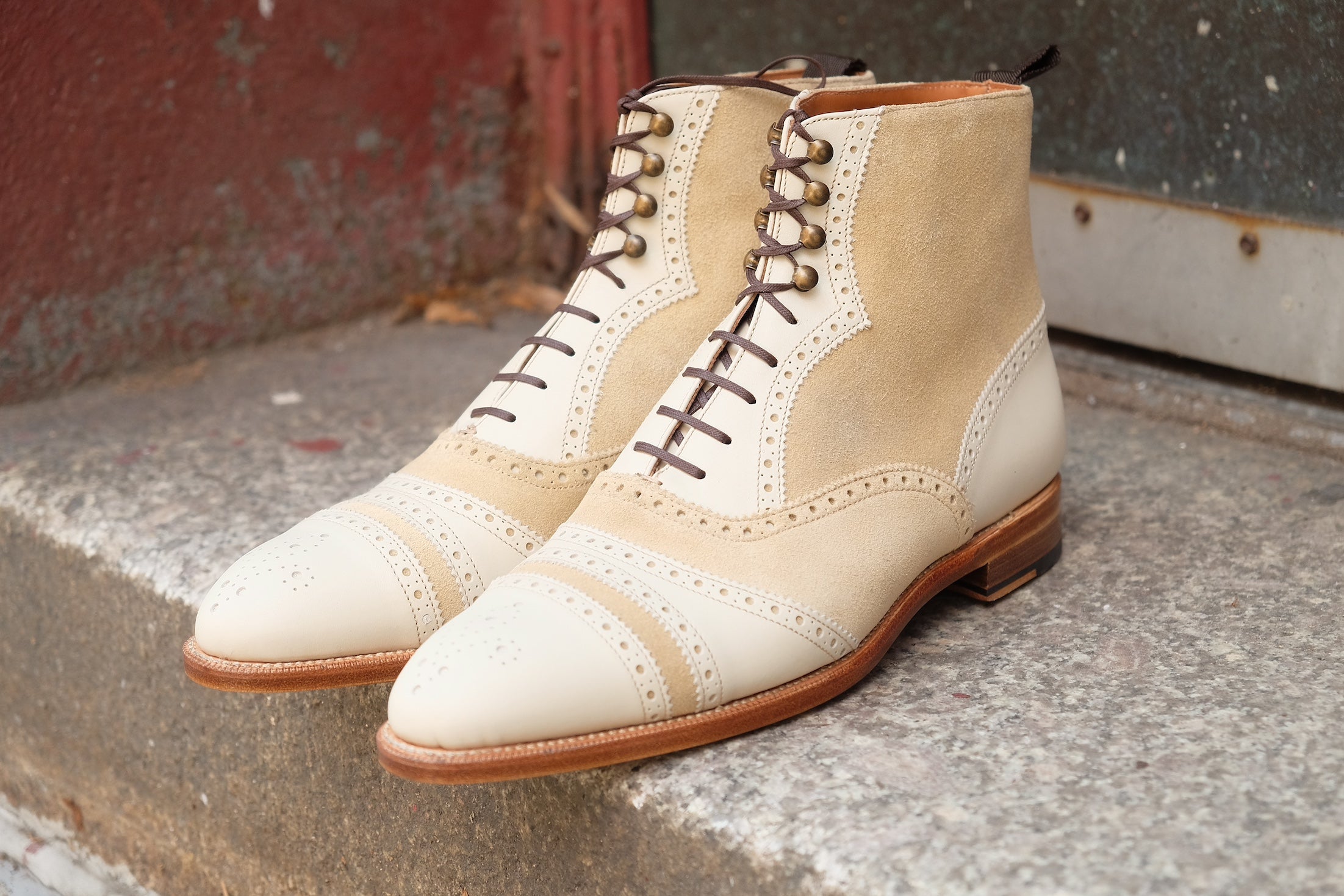 Whitman MTO Crust Calf Light Cream Suede NGT last Single Leather Sole Fleur De Lys Medallion - Buy Now