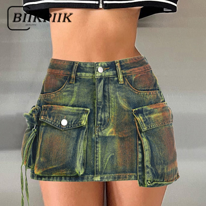 Women's Asymmetrical Pockets Denim Skirts - Sexy Fashion High Waist Skirts - Clubwear Outfits