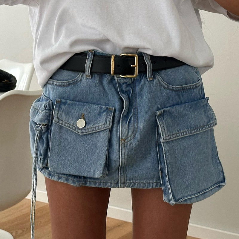 Women's Asymmetrical Pockets Denim Skirts - Sexy Fashion High Waist Skirts - Clubwear Outfits