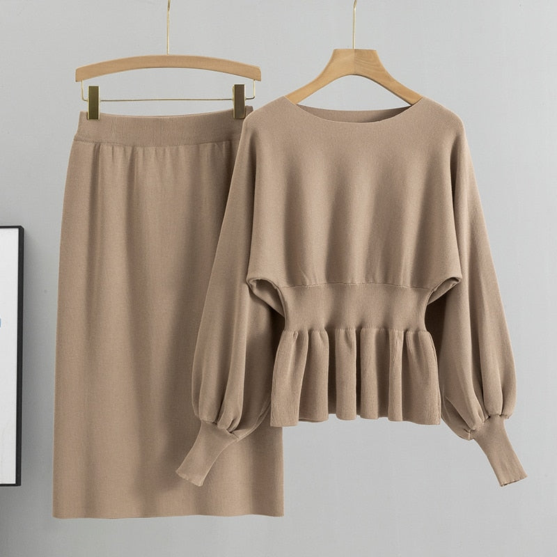 Women's Autumn Elegant 2-Piece Set: Lantern Sleeve Crop Top + Skirt