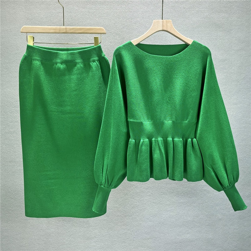 Women's Autumn Elegant 2-Piece Set: Lantern Sleeve Crop Top + Skirt