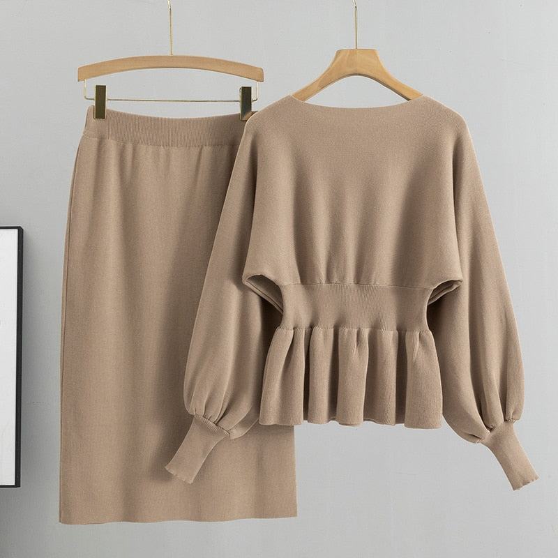 Women's Autumn Elegant 2-Piece Set: Lantern Sleeve Crop Top + Skirt