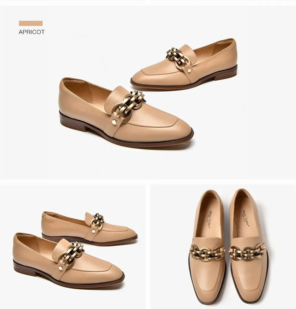 Women's Genuine Leather Square Toe Metal Chain Slip-on Flats Loafers