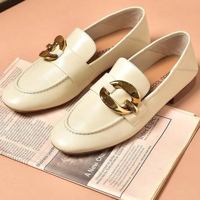 Women's Sheepskin Round Toe Metal Ring Decor Slip-on Flats Loafers