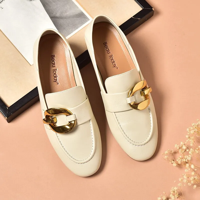 Women's Sheepskin Round Toe Metal Ring Decor Slip-on Flats Loafers