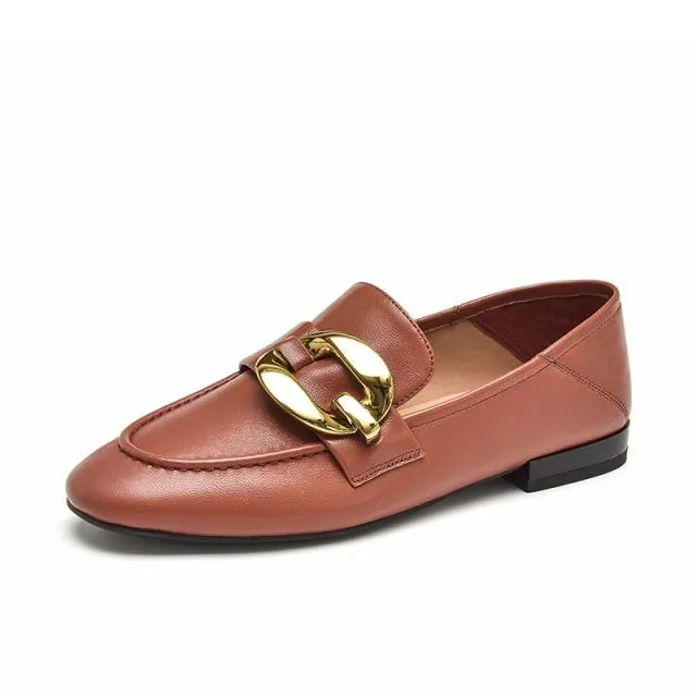 Women's Sheepskin Round Toe Metal Ring Decor Slip-on Flats Loafers