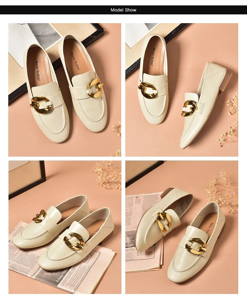 Women's Sheepskin Round Toe Metal Ring Decor Slip-on Flats Loafers