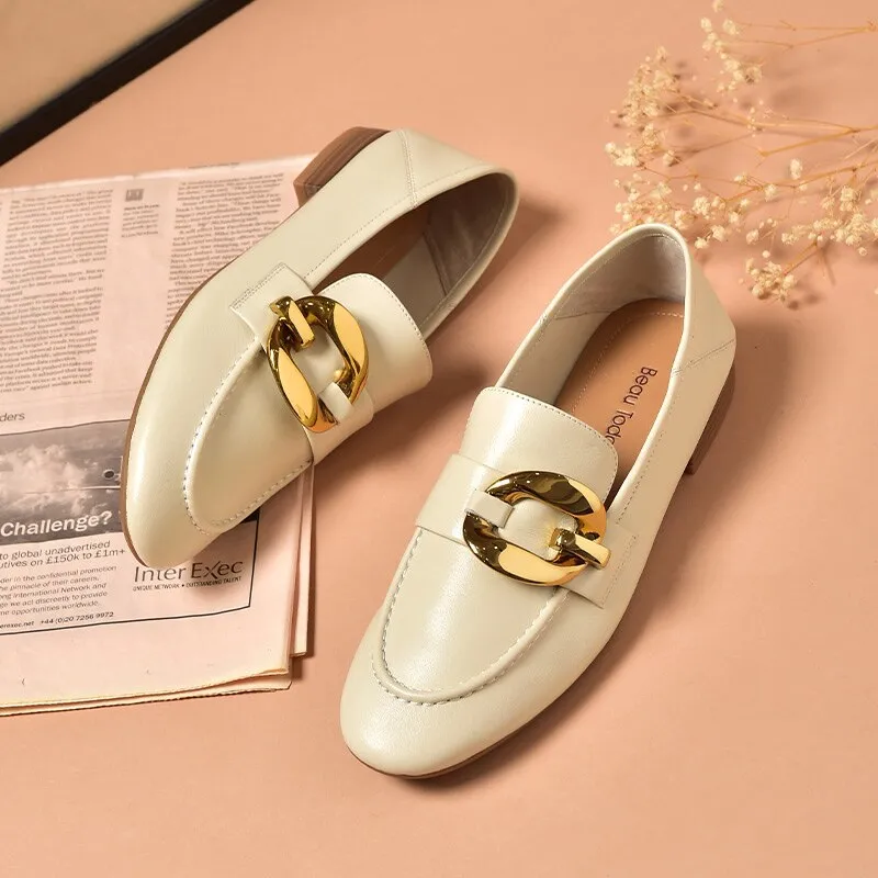 Women's Sheepskin Round Toe Metal Ring Decor Slip-on Flats Loafers