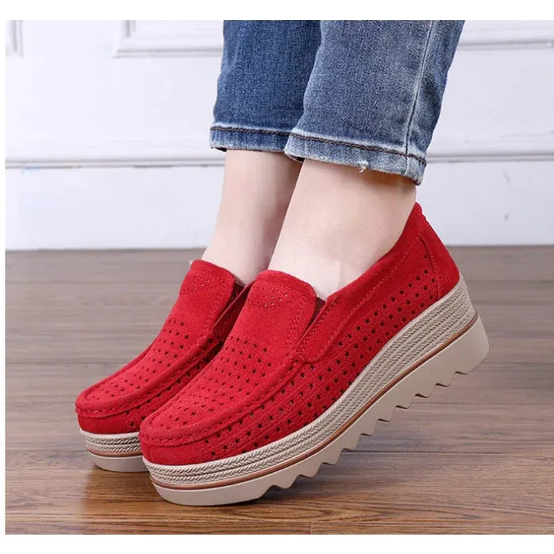 Women's Solid Genuine Leather Casual Round Toe Slip-on Flat Shoes