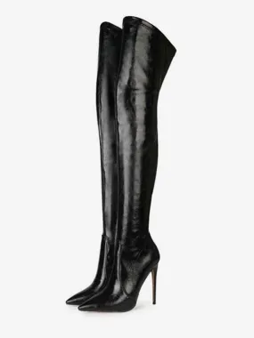 Black Stiletto Heeled Thigh High Boots with Pointed Toe for Women