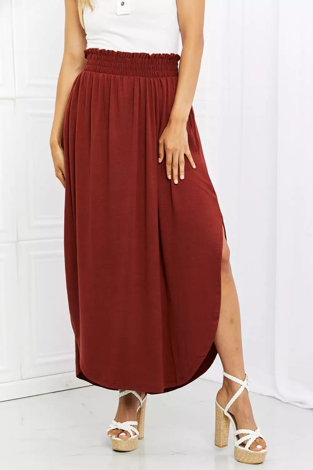 Zenana Dark Rust Side Scoop Skirt - Full Size Scrunch Skirt - It's My Time