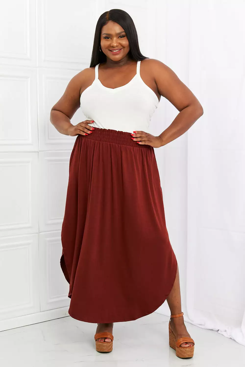 Zenana Dark Rust Side Scoop Skirt - Full Size Scrunch Skirt - It's My Time