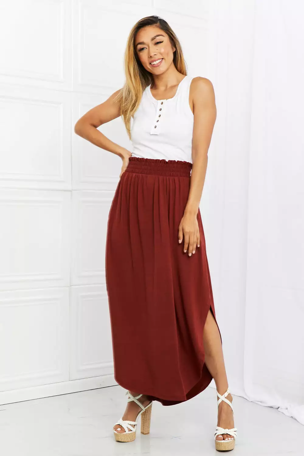 Zenana Dark Rust Side Scoop Skirt - Full Size Scrunch Skirt - It's My Time