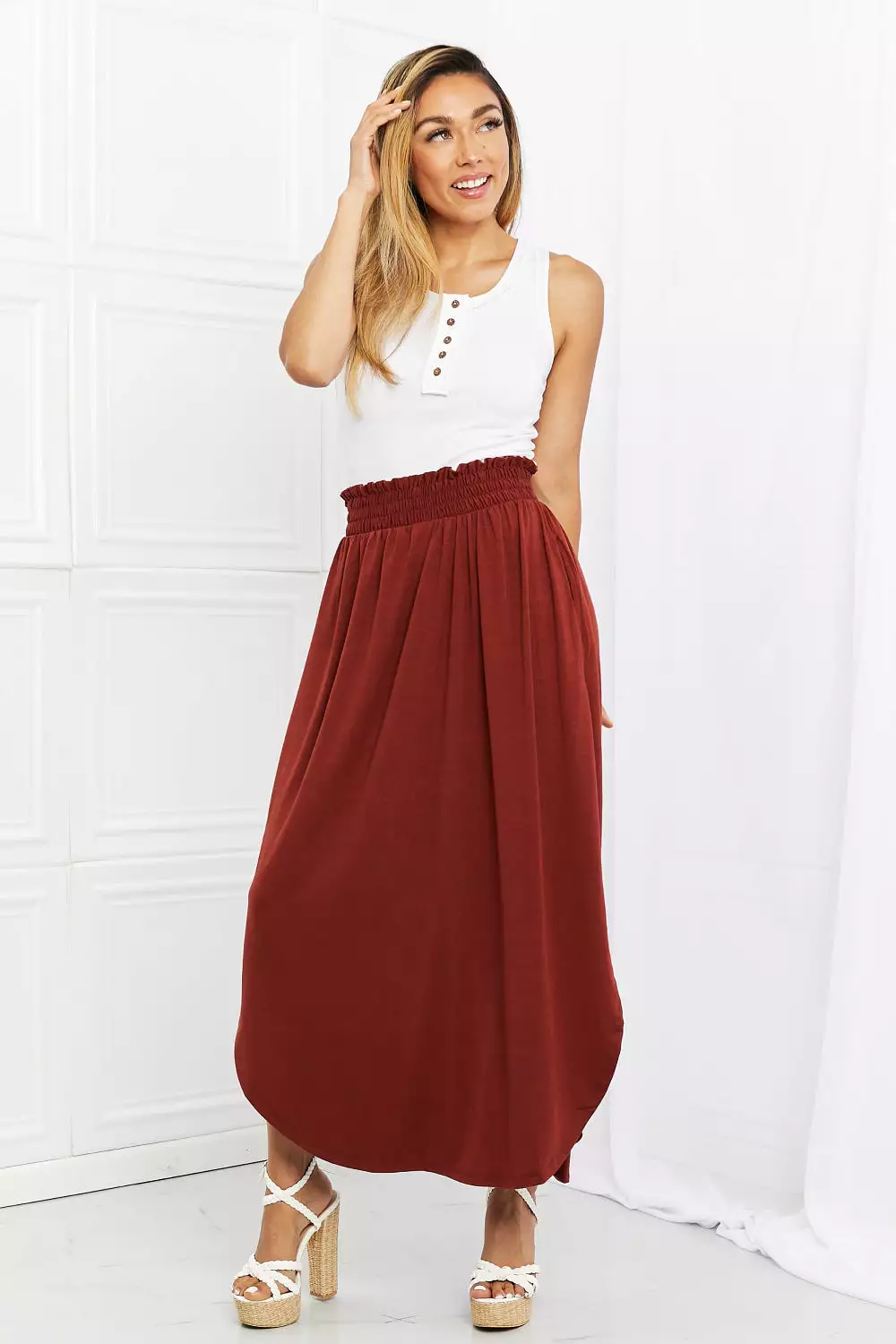 Zenana Dark Rust Side Scoop Skirt - Full Size Scrunch Skirt - It's My Time