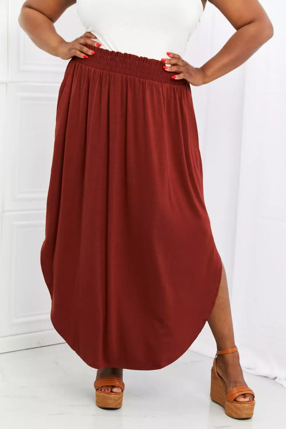 Zenana Dark Rust Side Scoop Skirt - Full Size Scrunch Skirt - It's My Time