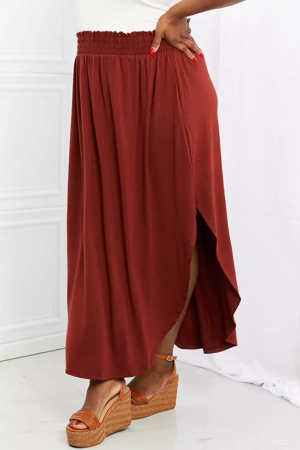 Zenana Dark Rust Side Scoop Skirt - Full Size Scrunch Skirt - It's My Time